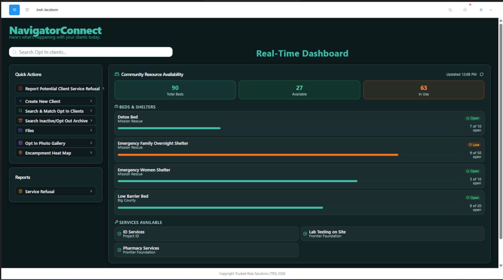 NavigatorConnect real-time dashboard showing bed availability and client actions