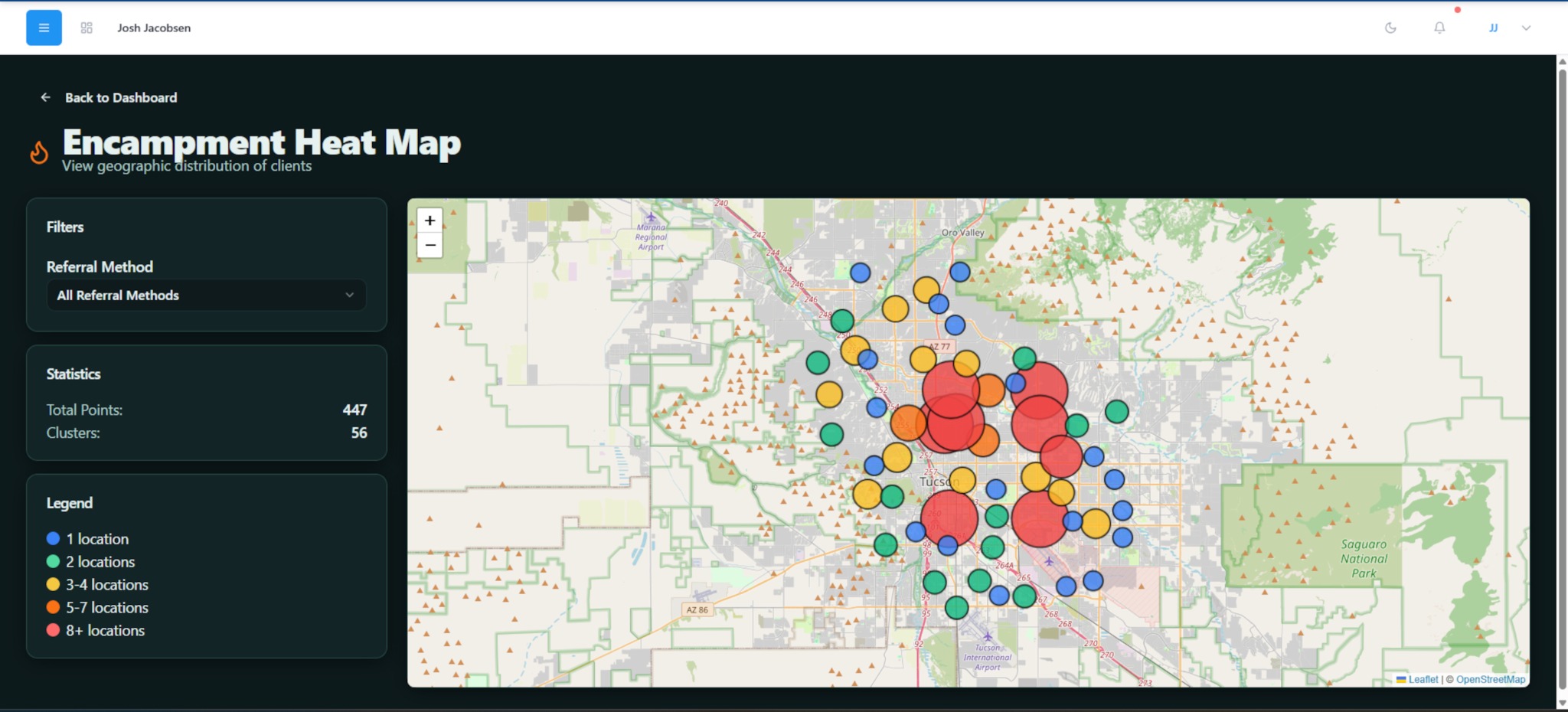 Encampment heat map showing clustered client locations across Tucson