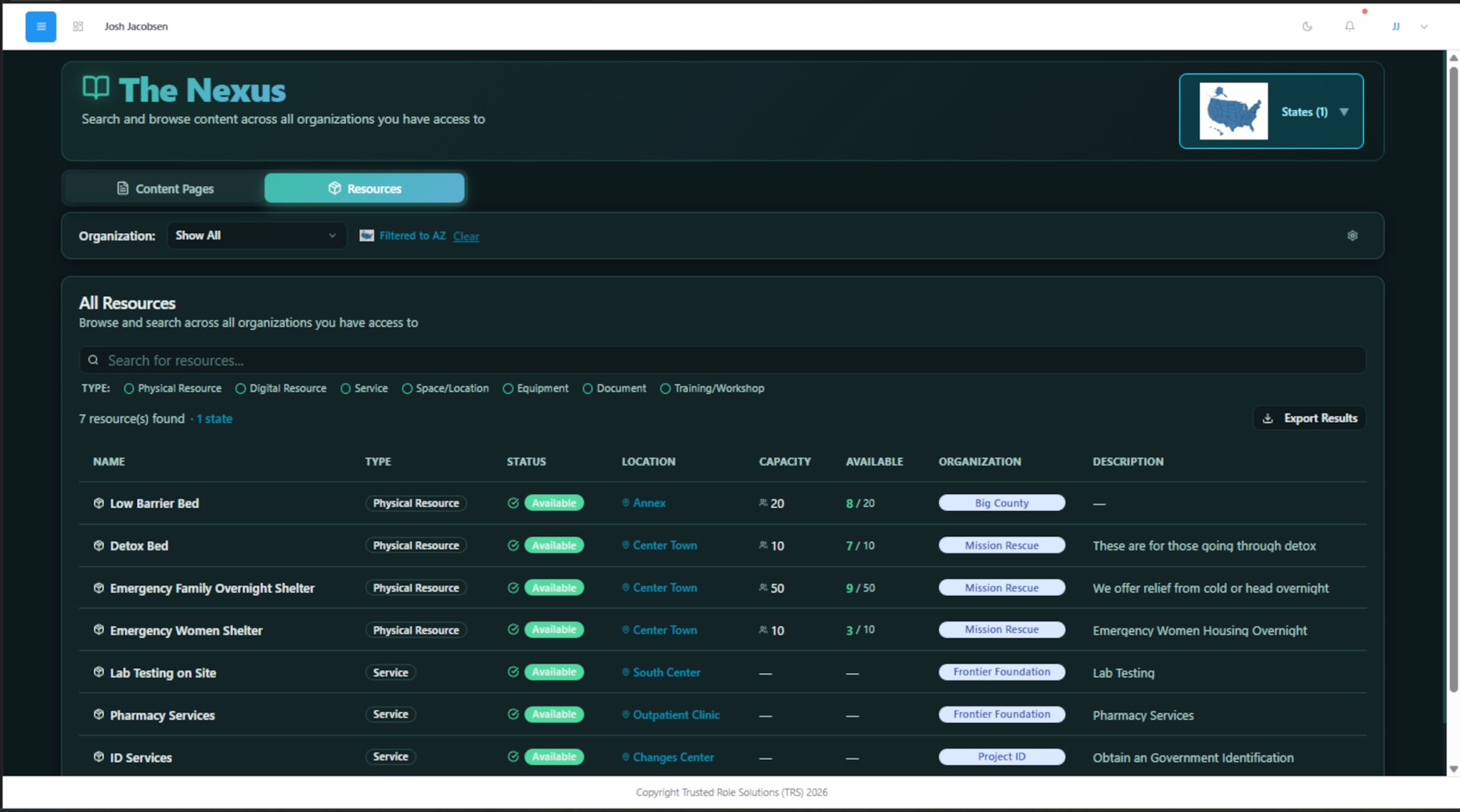 The Nexus resources page showing available beds, services, organizations and capacity